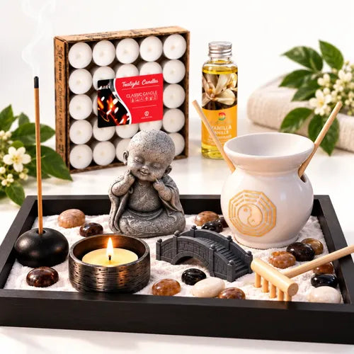 Buda Jardín Zen con Difusor de Aromas, Esencia de Vainilla y 50 Velas – Kit Decorativo Feng Shui