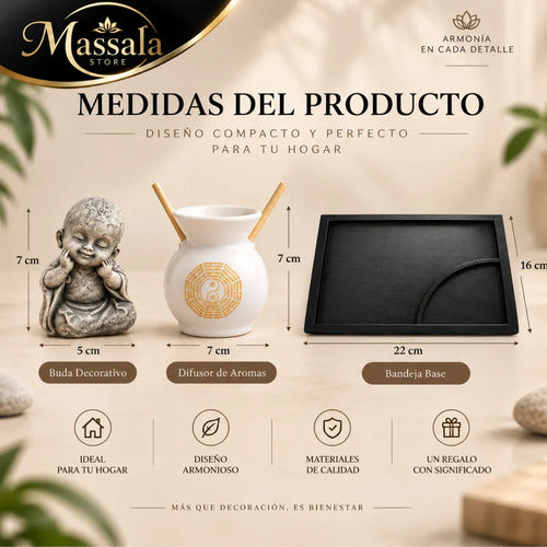 Buda Jardín Zen con Difusor de Aromas, Esencia de Vainilla y 50 Velas – Kit Decorativo Feng Shui