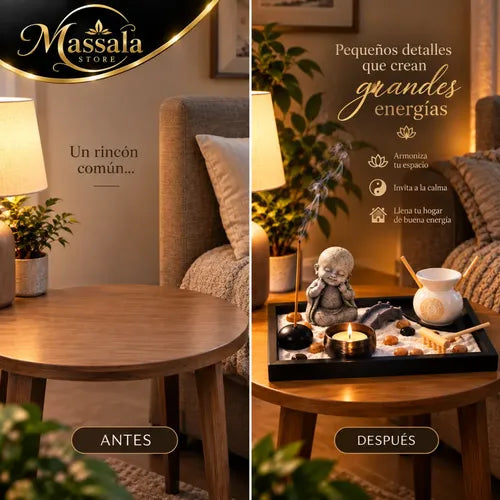 Buda Jardín Zen con Difusor de Aromas, Esencia de Vainilla y 50 Velas – Kit Decorativo Feng Shui