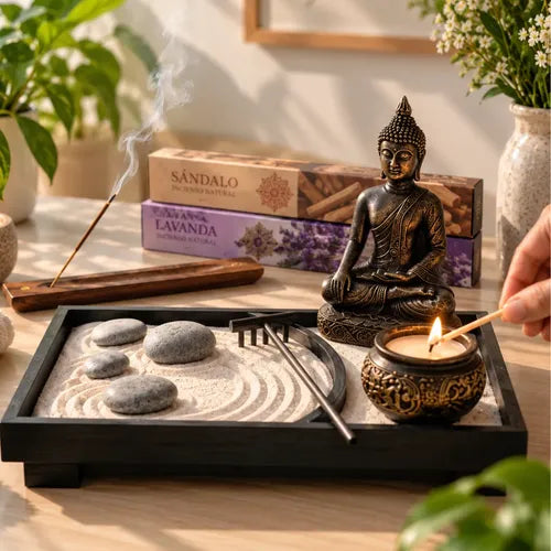 Buda en meditación zen garden con inciensos