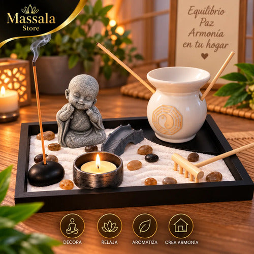 Buda Jardín Zen con Difusor de Aromas, Esencia de Vainilla y 50 Velas – Kit Decorativo Feng Shui