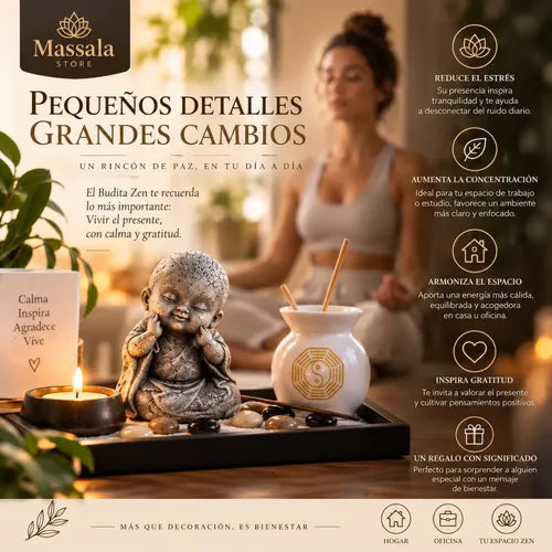 Buda Jardín Zen con Difusor de Aromas, Esencia de Vainilla y 50 Velas – Kit Decorativo Feng Shui