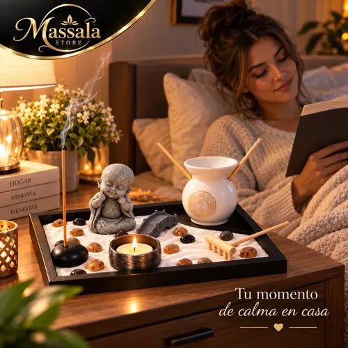 Buda Jardín Zen con Difusor de Aromas, Esencia de Vainilla y 50 Velas – Kit Decorativo Feng Shui