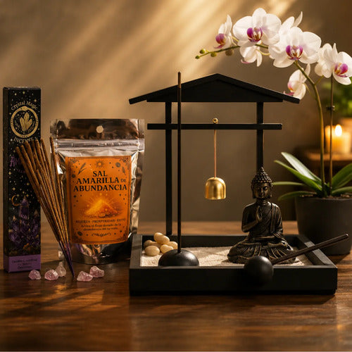Set jardín zen Buda templo con amatista