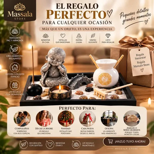Buda Jardín Zen con Difusor de Aromas, Esencia de Vainilla y 50 Velas – Kit Decorativo Feng Shui