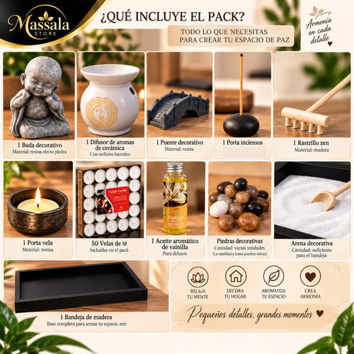 Buda Jardín Zen con Difusor de Aromas, Esencia de Vainilla y 50 Velas – Kit Decorativo Feng Shui